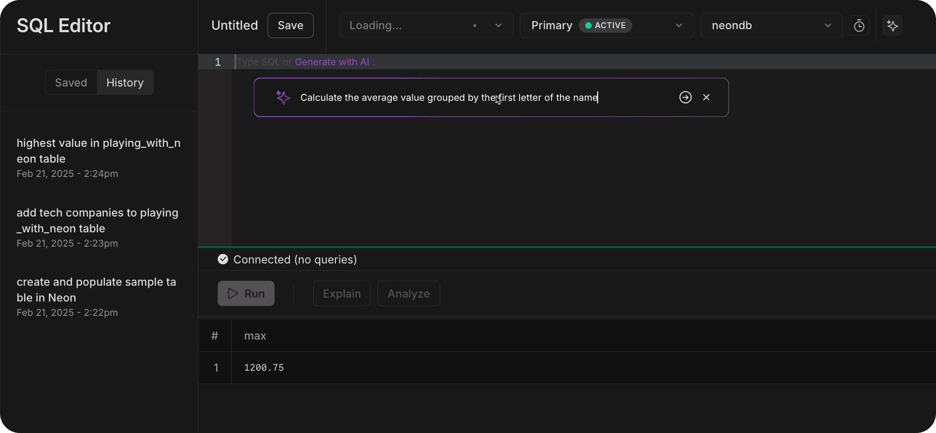 Neon SQL Editor AI Assistant