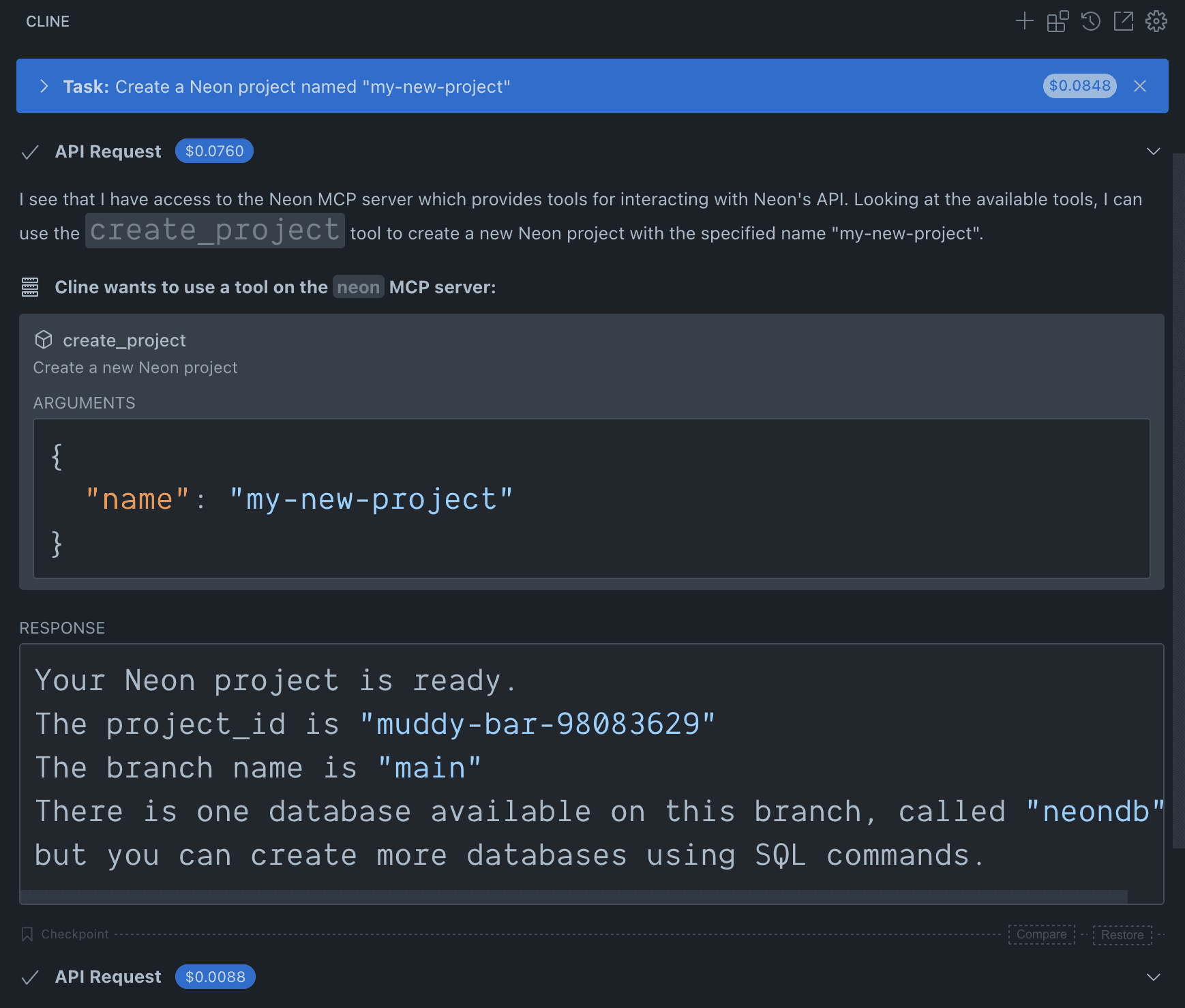 Cline creating a new Neon project