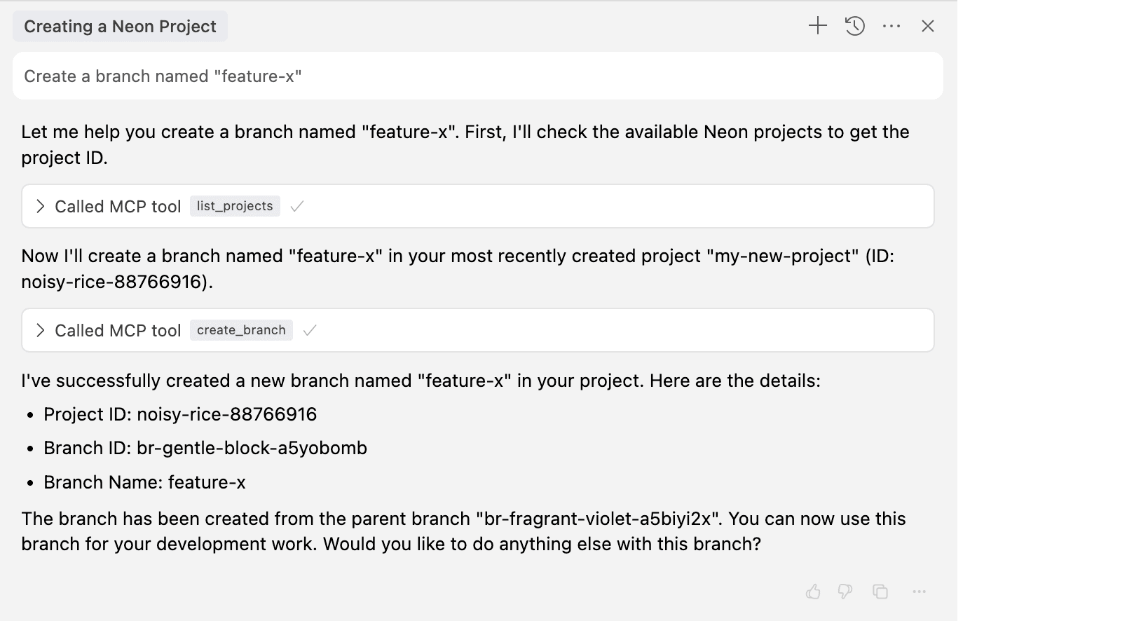 Cursor creating a new Neon branch