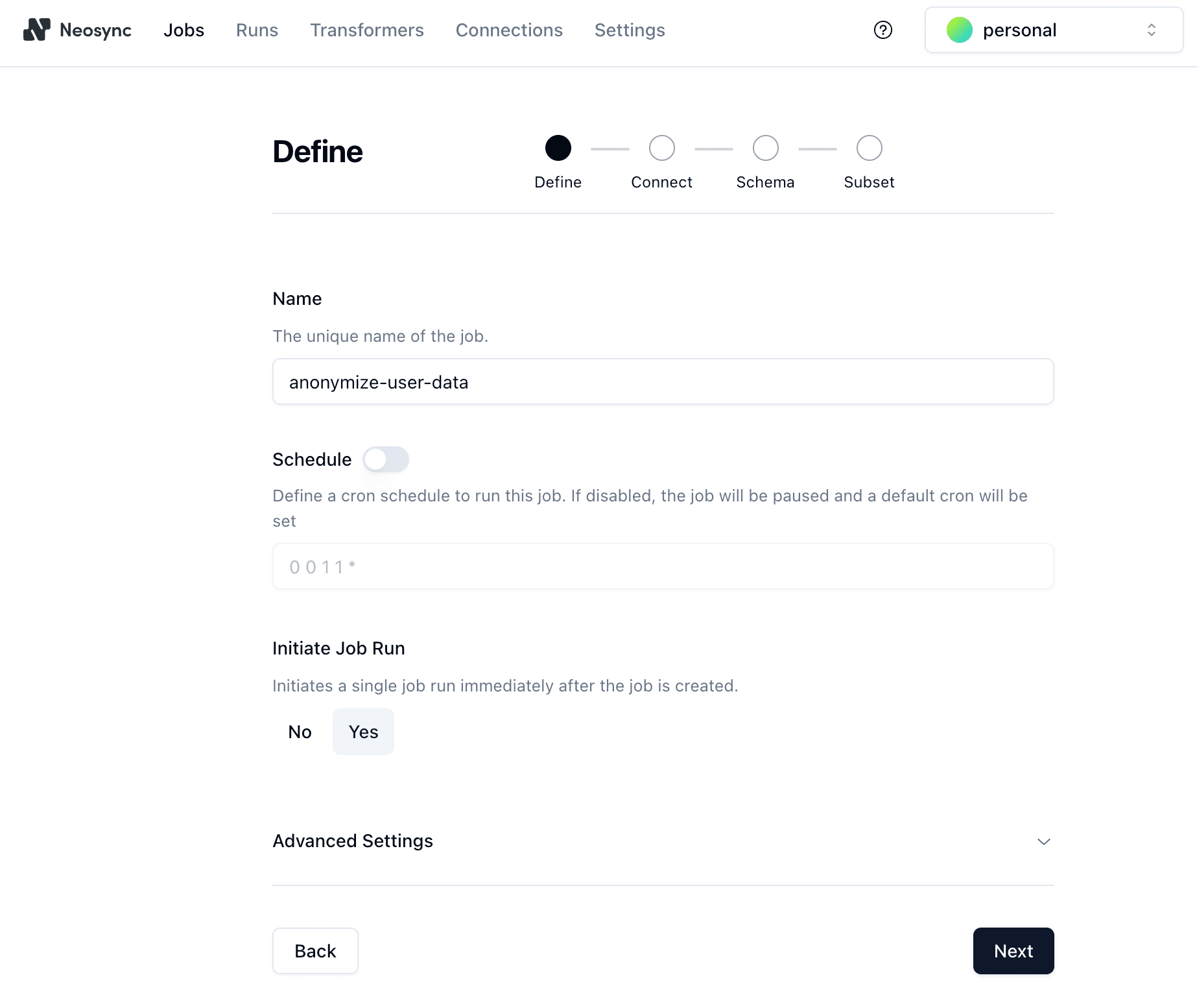 Define Neosync job definition