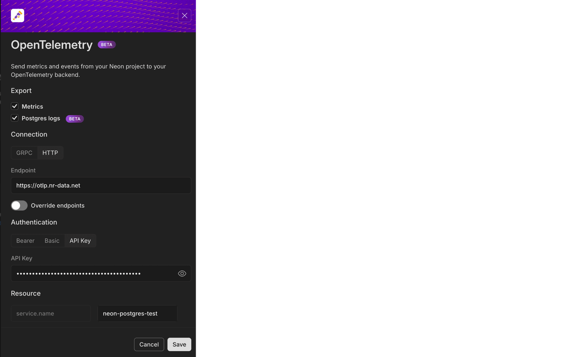 OpenTelemetry integration configuration form