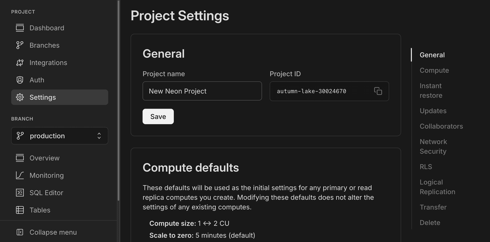 Project Settings page